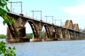 Railway arched bridge across the Dnieper River in Dnipro city, Ukraine. Royalty Free Stock Photo