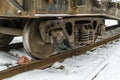Railway brake shoe under the train wheel on the rails Royalty Free Stock Photo