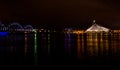 Railway bridge and buildings in Riga at night Royalty Free Stock Photo