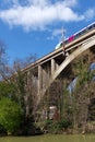 Railway bridge on Marne river and ile aux loup island in Perreux-sur-Marne city Royalty Free Stock Photo