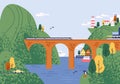 Railway bridge with moving train at beautiful seascape and city on mountain vector flat illustration. Amazing view on