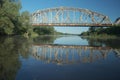 Railway bridge over the river. Bug valley. View of the metal structure of the river Royalty Free Stock Photo
