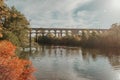 Railway Bridge with river in Bietigheim-Bissingen, Germany. Autumn. Railway viaduct over the Enz River, built in 1853 by Royalty Free Stock Photo