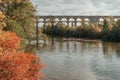 Railway Bridge with river in Bietigheim-Bissingen, Germany. Autumn. Railway viaduct over the Enz River, built in 1853 by Royalty Free Stock Photo