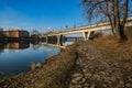 Railway bridge with train running across Moldau river Royalty Free Stock Photo