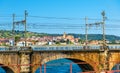 Railway bridges over the Bidasoa river on the France - Spain border Royalty Free Stock Photo