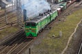 Railway with cargo locomotive with wagons. Many iron ways and trains. Freight train. 2018