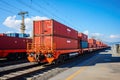 Railway cars with containers for transporting goods at the railway station, logistics. Generated by artificial