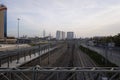 Railway cityscape close to Cherkizovo station with view of Izmaylovo hotel complex.