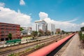 Railway close to building with blue sky