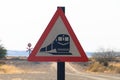 Railway crossing  sign and train tracks in Namib desert.  Namibia, Africa Royalty Free Stock Photo