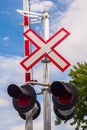 Railway crossing signals and barrier Royalty Free Stock Photo