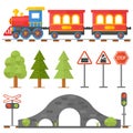 Railway design concept set with station steward railroad passenger toy train flat icons vector illustration.