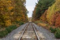 Sainte Ursule, Canada, 10-12-2022. Railway with fall colors in background near Sainte Ursule Waterfall. Canada.