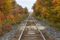 Sainte Ursule, Canada, 10-12-2022. Railway with fall colors in background near Sainte Ursule Waterfall. Canada.