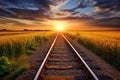 railway in the field. road to sunset. Generative AI