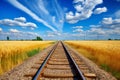 railway in the field. road to sunset. Generative AI