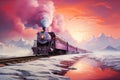 Railway with fluffy pastel steam clouds driving through a dreamlike landscape, train of imagination and inspiration, hope and
