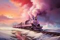 Railway with fluffy pastel steam clouds driving through a dreamlike landscape, train of imagination and inspiration, hope and