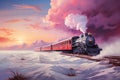 Railway with fluffy pastel steam clouds driving through a dreamlike landscape, train of imagination and inspiration, hope and