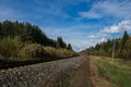 Railway among the forest under the blue sky