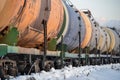 Railway freight train. Tanks for oil and gas. Winter. Russia Royalty Free Stock Photo