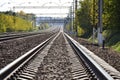 Railway goes into the distance. Sunny day. Many ways. Moscow region. Russia