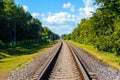 The railway goes to horizon, on both sides of the green dense forest