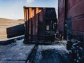 The railway gondola car fell on its side during unloading. Royalty Free Stock Photo