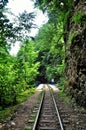 Railway in Guam gorge on one side of the rocks, the other a deep precipice and seething fast river Royalty Free Stock Photo