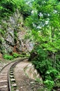 Railway in Guam gorge on one side of the rocks, the other a deep precipice and seething fast river Royalty Free Stock Photo