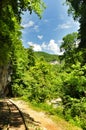 Railway in Guam gorge on one side of the rocks, the other a deep precipice and seething fast river Royalty Free Stock Photo