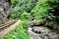 Railway in Guam gorge on one side of the rocks, the other a deep precipice and seething fast river Royalty Free Stock Photo