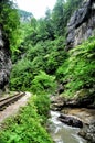 Railway in Guam gorge on one side of the rocks, the other a deep precipice and seething fast river Royalty Free Stock Photo