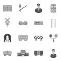 Railway icons set, black monochrome style