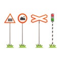 Railway intersection signs, different traffic signs for a railroad crossing. Colorful cartoon illustration