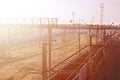 Railway landscape with many old railroad freight cars on the rails. Classic sunny day on the railroa Royalty Free Stock Photo