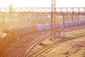 Railway landscape with many old railroad freight cars on the rails. Classic sunny day on the railroa Royalty Free Stock Photo