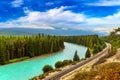 Railway line along Bow river in Banff Royalty Free Stock Photo