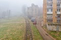 Railway line in Detelinara settlement in Novi Sad covered with fog