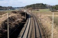 Railway line for high-speed rail trains. Railway line and electric traction, which is located above the track. Royalty Free Stock Photo