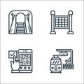 railway line icons. linear set. quality vector line set such as train station, check in, timetable Royalty Free Stock Photo