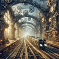 A railway line that runs through a city of gears and clockwor