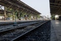 Railway line track. in train station. vintage transportation. way to travel Royalty Free Stock Photo