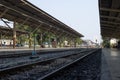 Railway line track. in train station. vintage transportation. way to travel Royalty Free Stock Photo