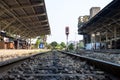 Railway line track. in train station. vintage transportation. way to travel Royalty Free Stock Photo