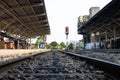 Railway line track. in train station. vintage transportation. way to travel Royalty Free Stock Photo