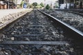 Railway line track. in train station. vintage transportation. way to travel Royalty Free Stock Photo