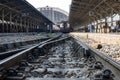 Railway line track. in train station. vintage transportation. way to travel Royalty Free Stock Photo