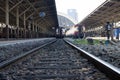 Railway line track. in train station. vintage transportation. way to travel Royalty Free Stock Photo